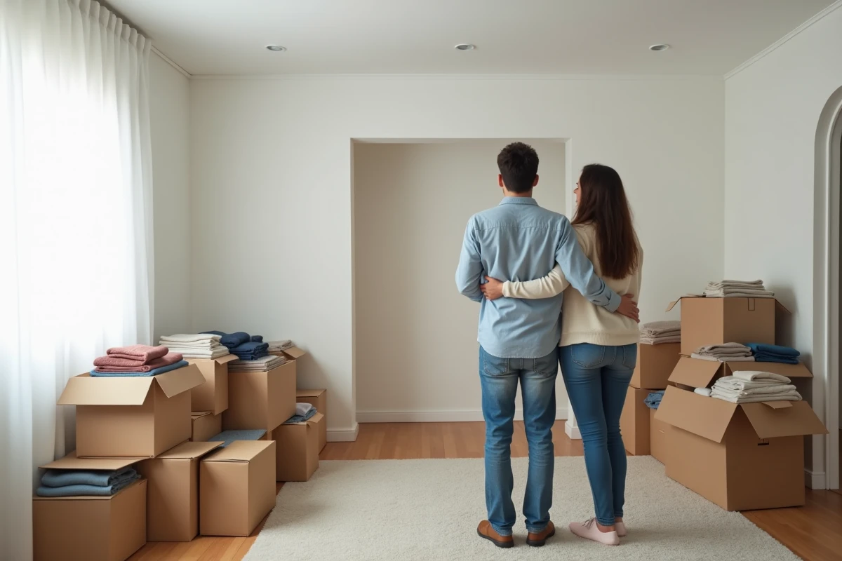 Couple dans une chambre de plain-pied sans rangements intégrés entourés de cartons de déménagement