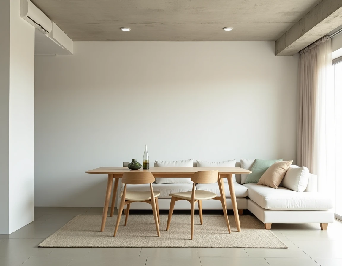 Aménagement scandinave minimaliste d'un petit espace salon et salle à manger bien proportionné