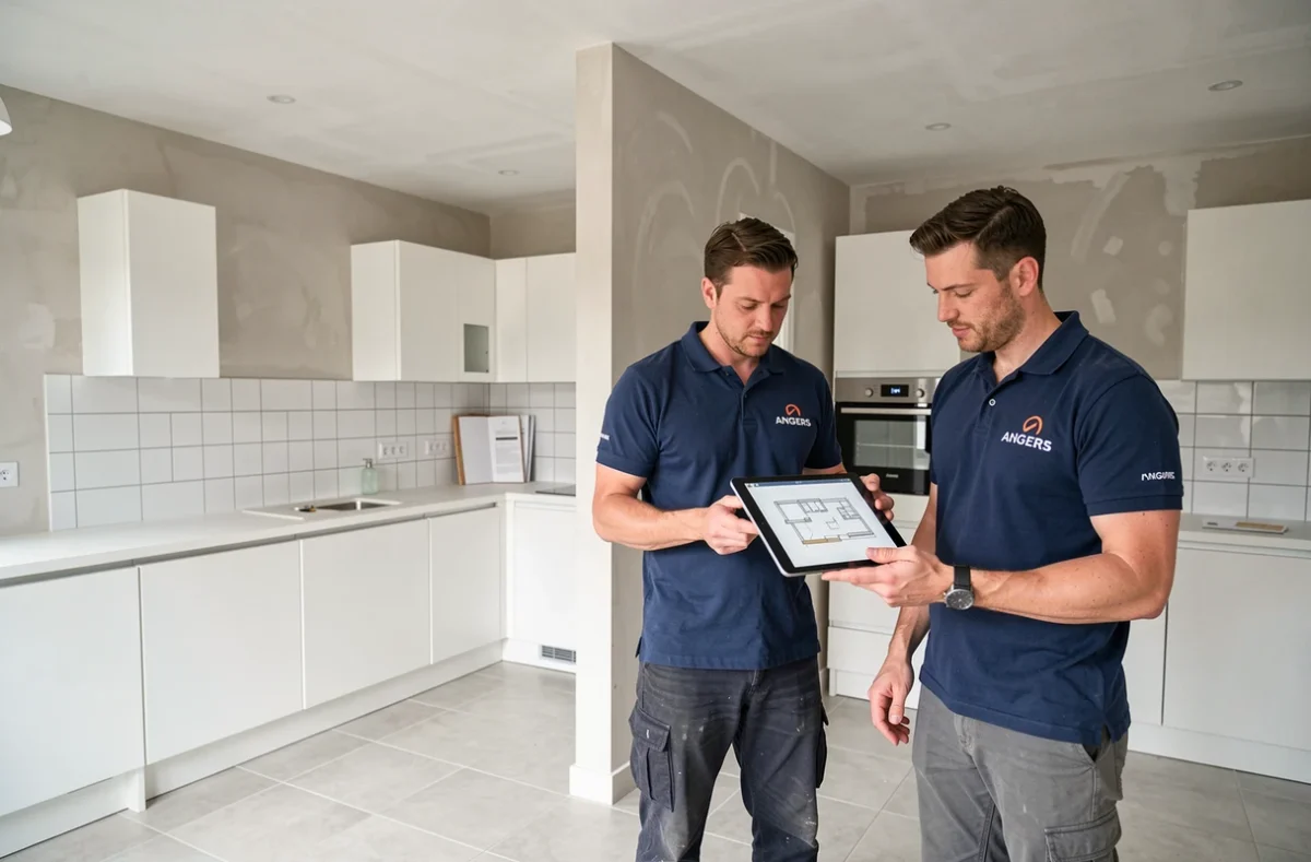 Équipe d'Anjou Home Services 49 consultant un plan d'aménagement sur tablette dans un espace rénové à Angers