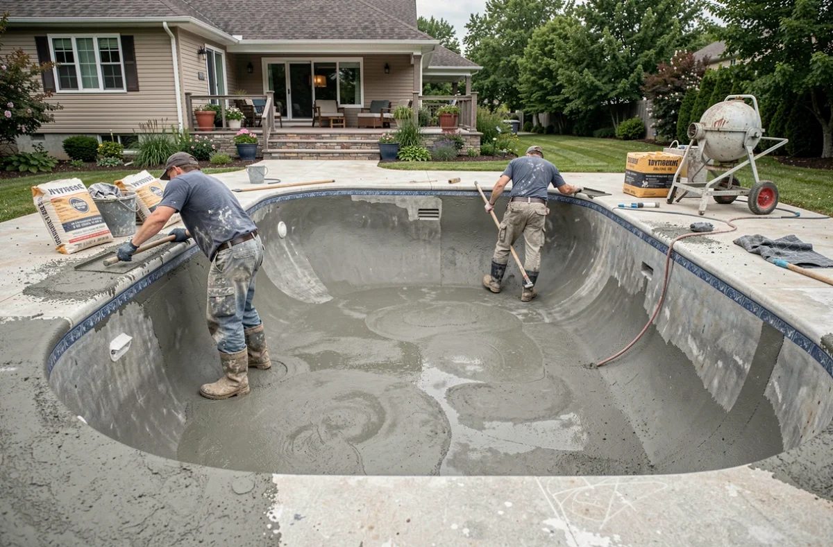 Deux ouvriers appliquant une couche de béton à la truelle sur les parois intérieures d'une piscine en construction