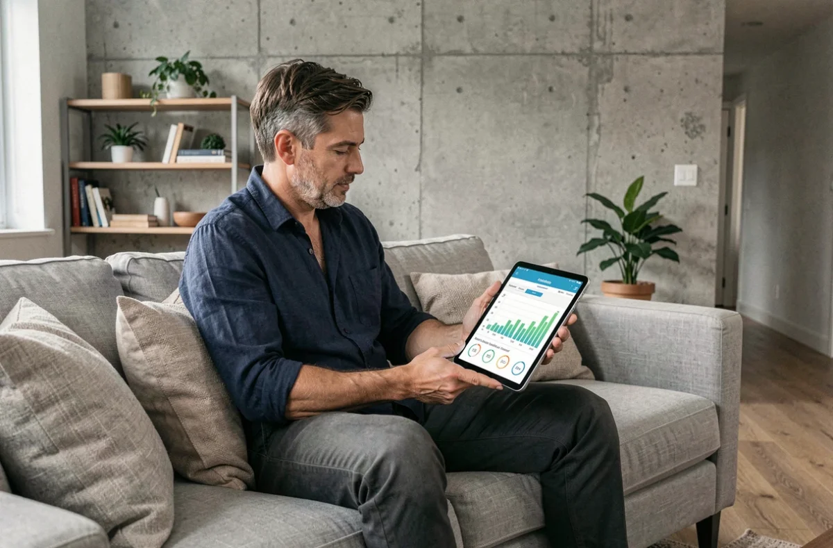 Homme consultant une application de gestion du foyer sur tablette depuis son canapé dans un salon contemporain