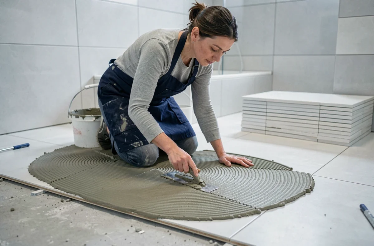 Technicienne appliquant du mortier-colle sur un chantier de rénovation de salle de bain