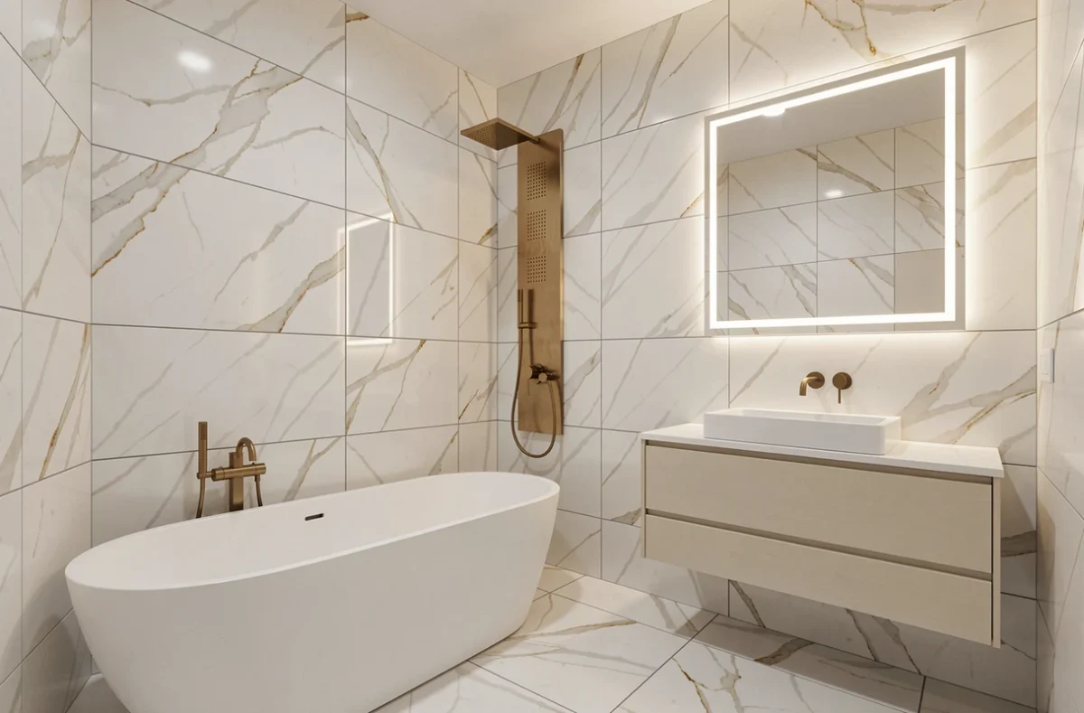 Salle de bain contemporaine avec panneaux de douche, baignoire îlot et robinetterie dorée brossée installée par Aquaflux