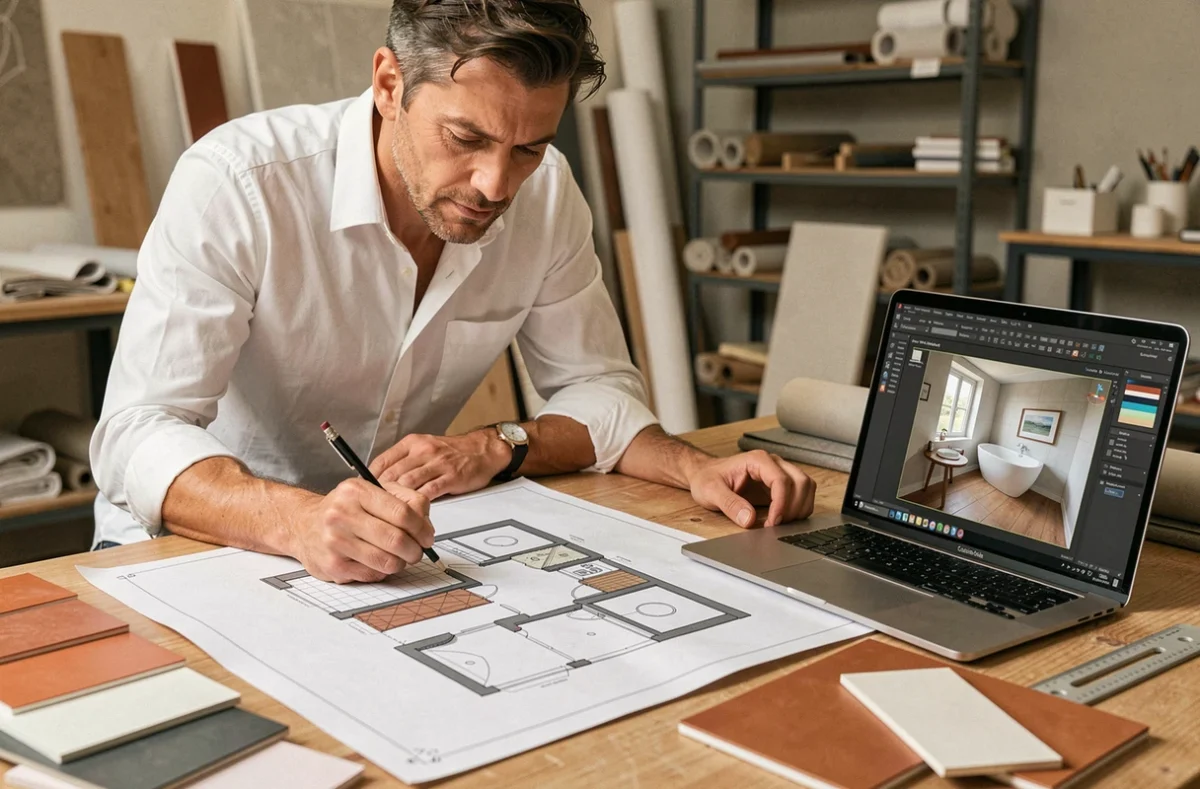 Architecte d'intérieur travaillant sur un plan 3D de salle de bain avec échantillons de carrelage et logiciel CAO