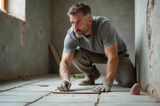 Artisan carreleur posant des carreaux en grès cérame dans une salle de bain en rénovation, avec truelle et espaceurs