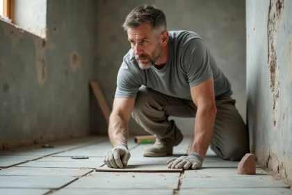 Artisan carreleur posant des carreaux en grès cérame dans une salle de bain en rénovation, avec truelle et espaceurs