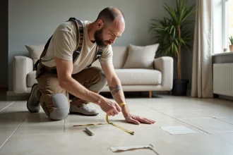 Artisan mesurant des carreaux de porcelaine dans un salon