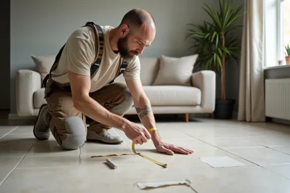 Artisan mesurant des carreaux de porcelaine dans un salon