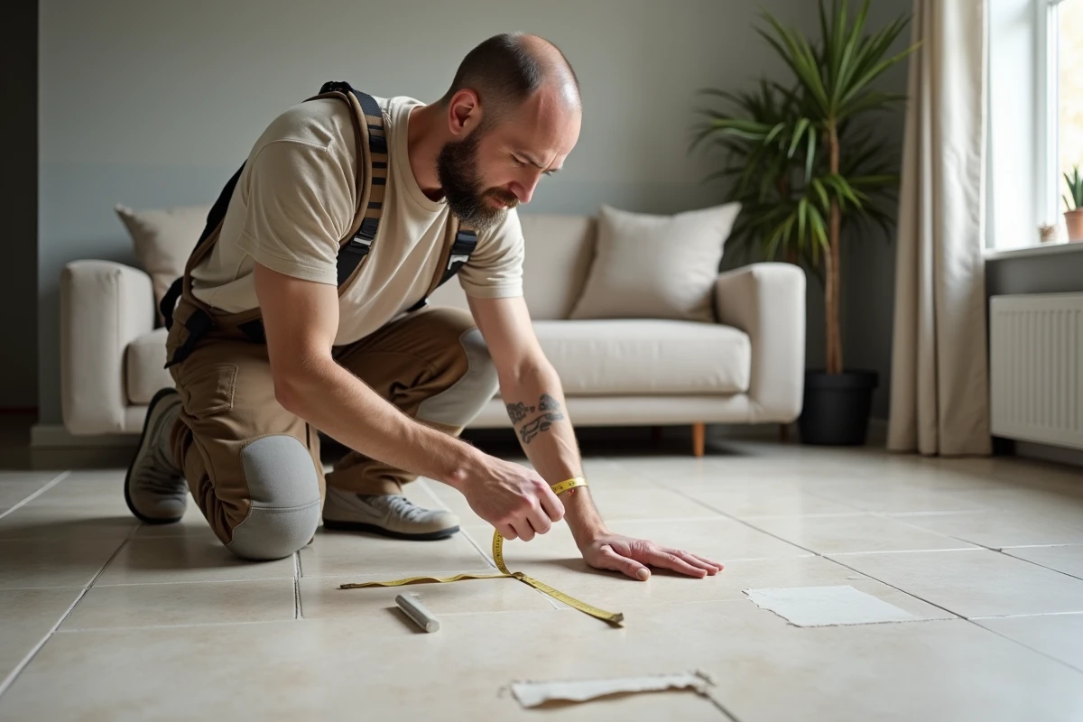 Artisan mesurant des carreaux de porcelaine dans un salon