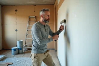 Artisan rénovateur appliquant de la peinture blanche sur un mur en cours de rénovation pour augmenter la valeur d'un bien immobilier