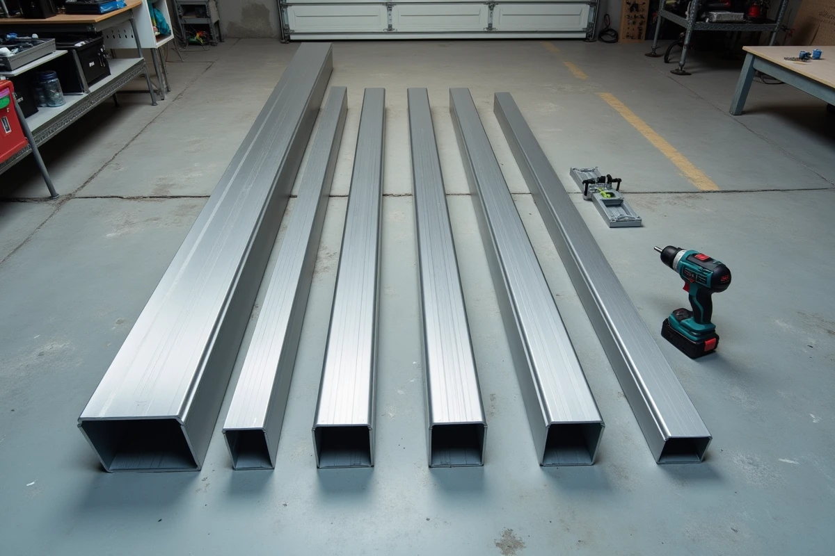 Vue de dessus d'un assortiment de tubes rectangulaires en aluminium avec visserie et outillage sur sol de garage en béton