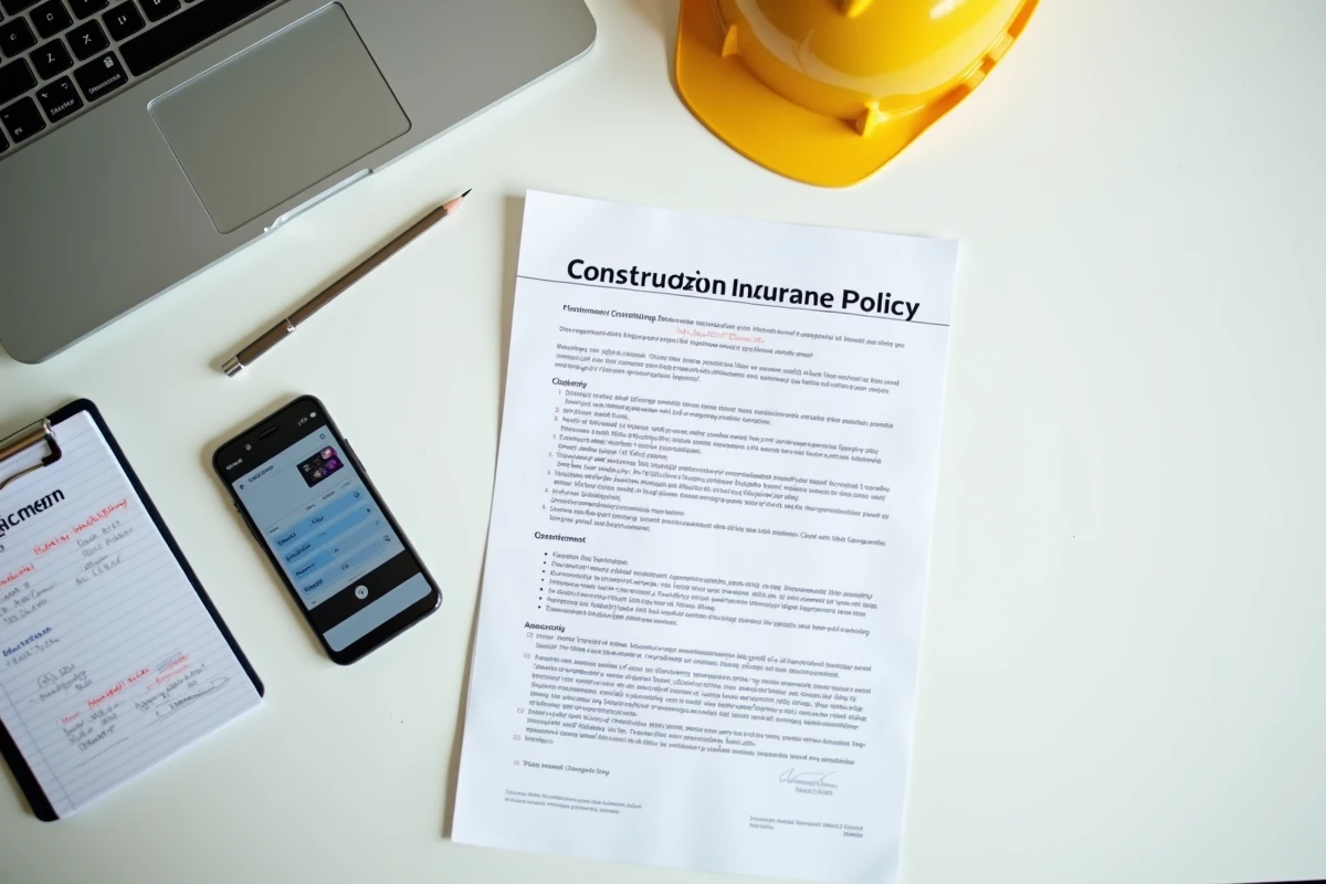 Vue aérienne d'un bureau avec documents d'assurance travaux, smartphone et casque de chantier