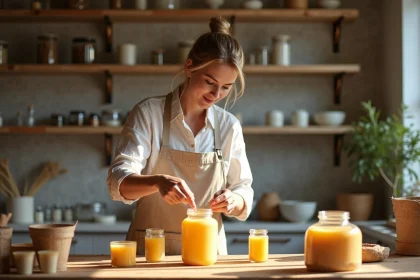 Femme versant cire fondue dans des pots en atelier lumineux