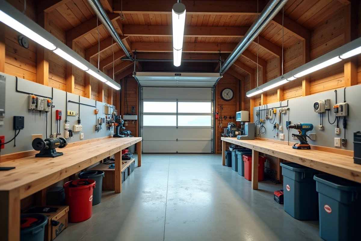 Vue large d'un atelier garage avec installation complète de goulottes électriques et prises en hauteur le long des murs
