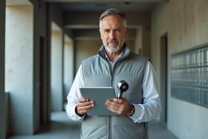 Auditeur énergétique professionnel en train d'inspecter les parties communes d'une copropriété avec une tablette numérique