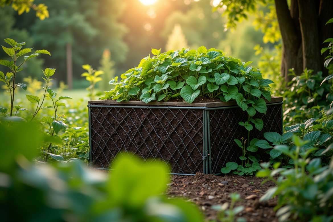 bac compost bien entretenu dans un jardin vert