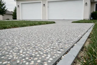 Allée de garage en béton désactivé avec galets apparents devant un garage moderne