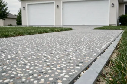 Allée de garage en béton désactivé avec galets apparents devant un garage moderne