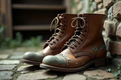 Bottes en cuir recouvertes de moisissures blanches et vertes après un stockage en cave humide