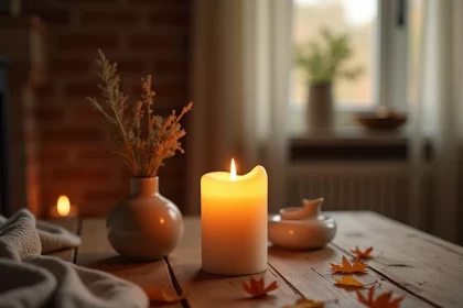Bougie LED fausse flamme posée sur une table en bois rustique avec décoration automnale, rendu réaliste et chaleureux