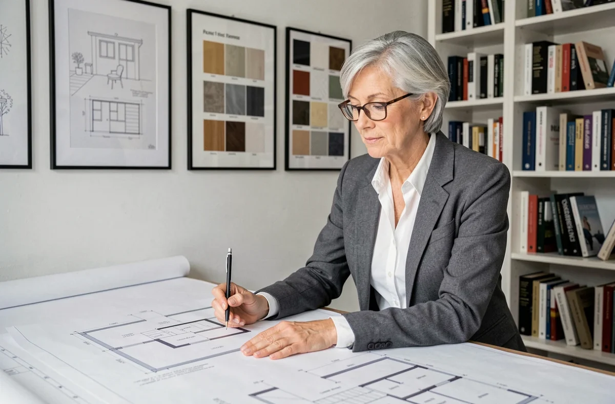 Brigitte Pié, architecte décoratrice à Angers, étudiant des plans d'aménagement intérieur dans son bureau
