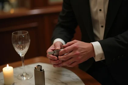 Briquet argenté élégant tenu par un homme en smoking noir dans un bar hôtel chic