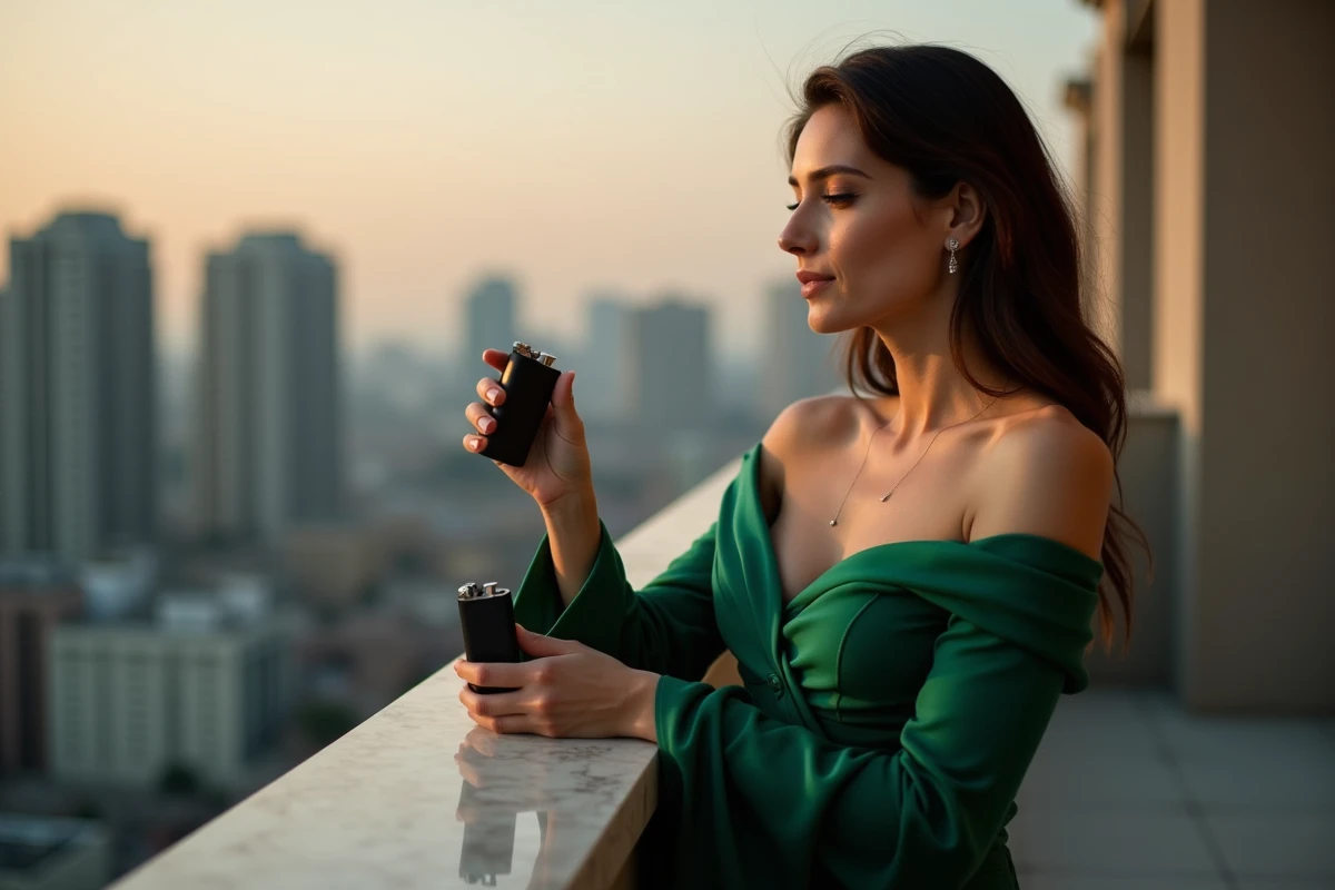 Femme en robe de soirée verte tenant un briquet design noir mat sur terrasse rooftop
