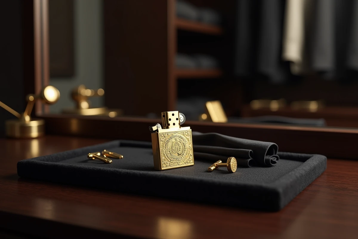 Briquet doré luxueux posé sur plateau en velours avec accessoires de soirée pour homme