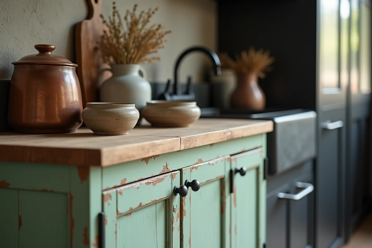 Buffet ancien peint vert sauge positionné à côté d'un îlot de cuisine moderne noir mat