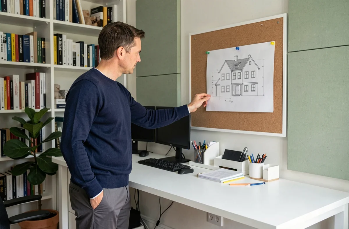 Homme consultant un plan de maison 4 chambres dans un bureau dédié au télétravail avec bibliothèque intégrée