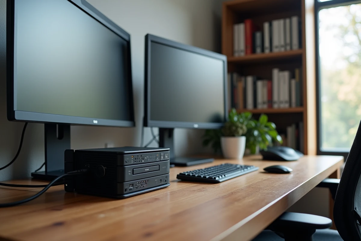 Bureau professionnel à domicile équipé d'un onduleur UPS et de dispositifs de protection pour équipements électroniques sensibles
