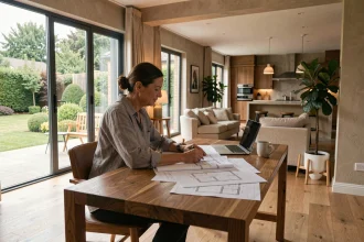 Femme en télétravail dans un bureau intégré à une maison 4 chambres avec plan ouvert et grandes fenêtres sur jardin