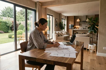 Femme en télétravail dans un bureau intégré à une maison 4 chambres avec plan ouvert et grandes fenêtres sur jardin