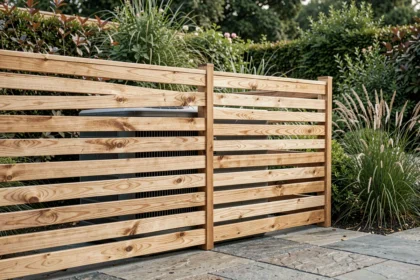 Pompe à chaleur cachée derrière un claustra en bois dans un jardin résidentiel moderne