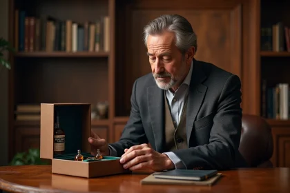 Homme ouvrant un coffret whisky luxe dans un bureau élégant