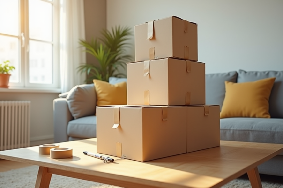 Pile de caisses en carton neuves dans un salon lumineux