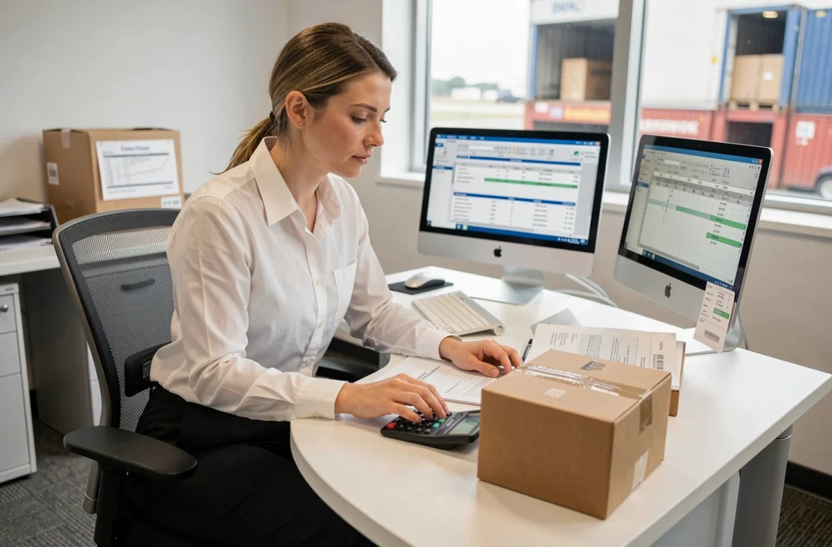 Professionnelle de la logistique calculant le volume en m3 d'un colis avec une calculatrice et des documents d'expédition dans un bureau