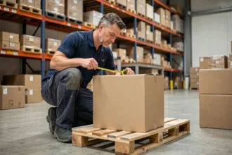 Opérateur logistique mesurant les dimensions d'un colis sur une palette en entrepôt pour calculer le volume en m3