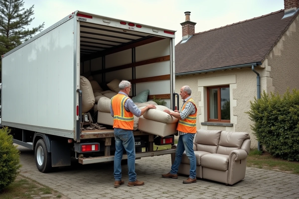 Camion de débarras devant une maison française avec chargement d'anciens meubles et électroménagers