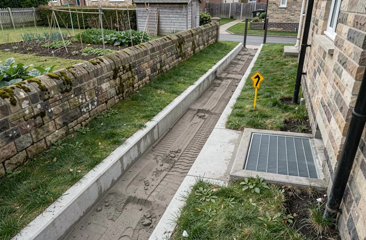 Canal de drainage en béton nouvellement installé le long d'un mur mitoyen entre deux jardins résidentiels