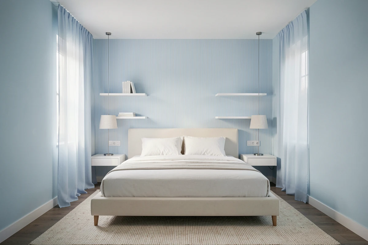 Chambre bleu ciel pâle avec plafond blanc et papier peint à rayures verticales pour agrandir l'espace en hauteur