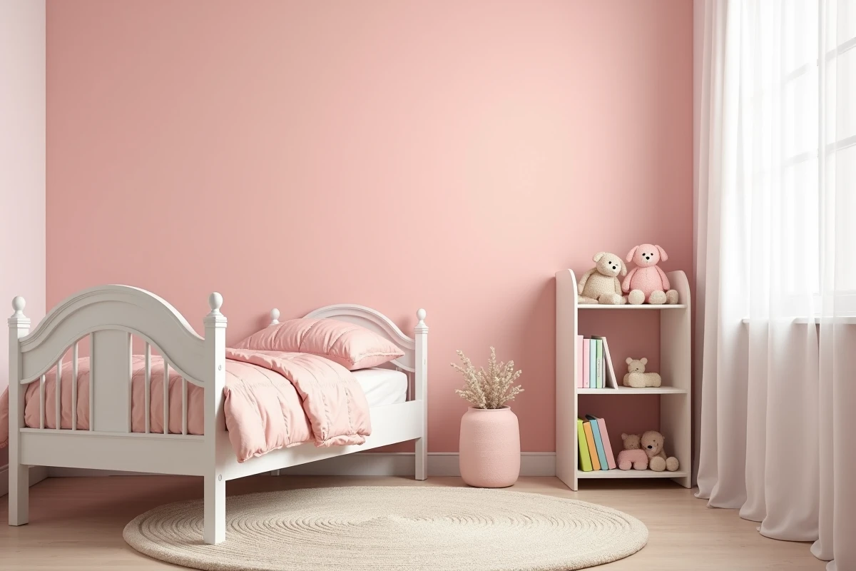 Chambre enfant avec mur rose blush satiné, lit en bois blanc et tapis en laine crème