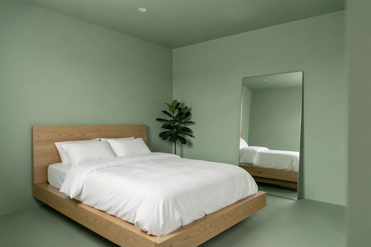 Chambre vert sauge monochrome avec miroir et parquet en chêne naturel pour une impression d'espace agrandi