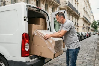 Homme chargeant des meubles dans un taxi meublé blanc devant un immeuble parisien pour un déménagement de dernière minute