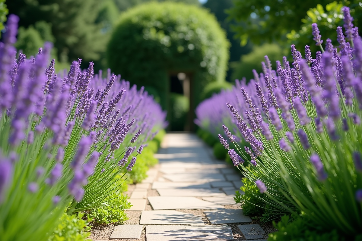Sentier bordé de lavande en fleurs dans un jardin ensoleille