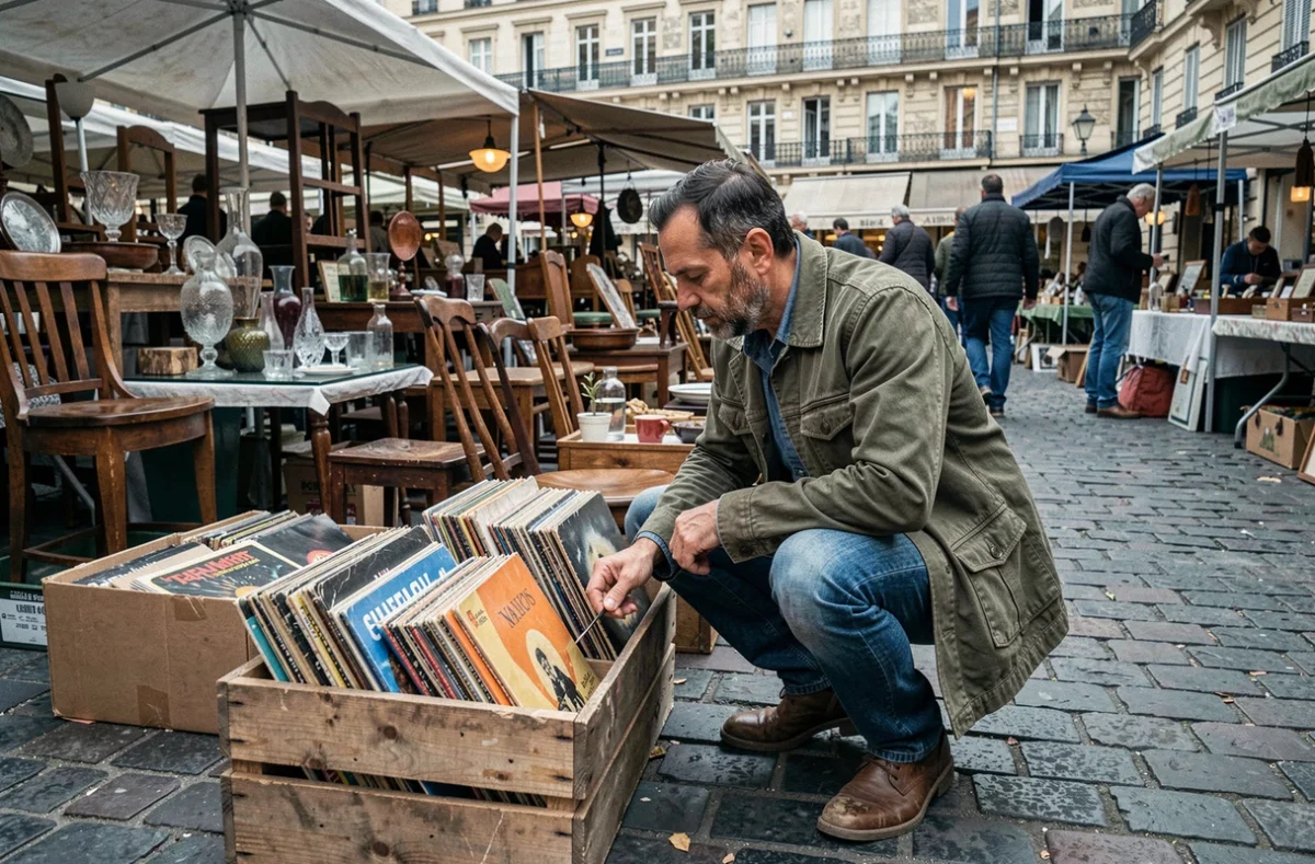 Chineur inspectant des vinyles anciens dans une brocante animée à Marseille dans le 13e département