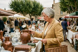 Chineuse examinant une vase ancienne lors d'une brocante en plein air dans les Bouches-du-Rhône en 2026