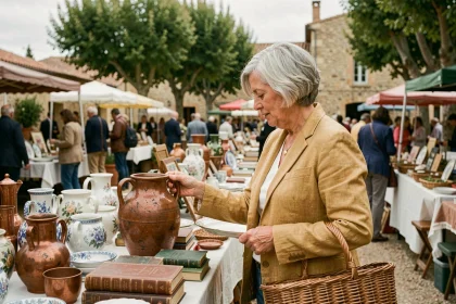 Chineuse examinant une vase ancienne lors d'une brocante en plein air dans les Bouches-du-Rhône en 2026