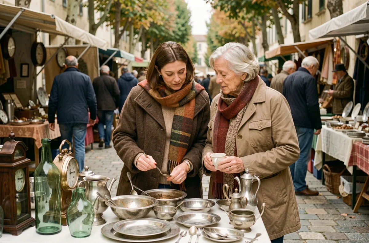 Deux chineuses découvrant des objets anciens sur un étal de brocante à Aix-en-Provence en automne