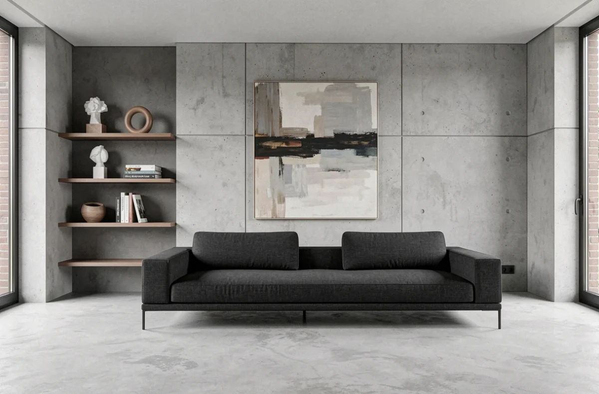 Intérieur contemporain réalisé par Clemski Décoration à Angers avec mobilier minimaliste et panneaux en béton ciré